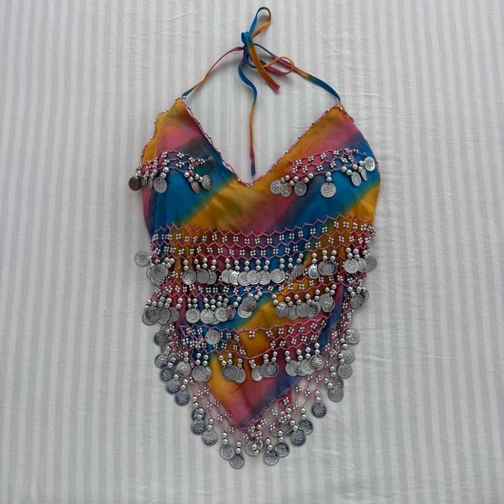 Multicoloured tie-dye halter top with coin and bead details #festival #raver